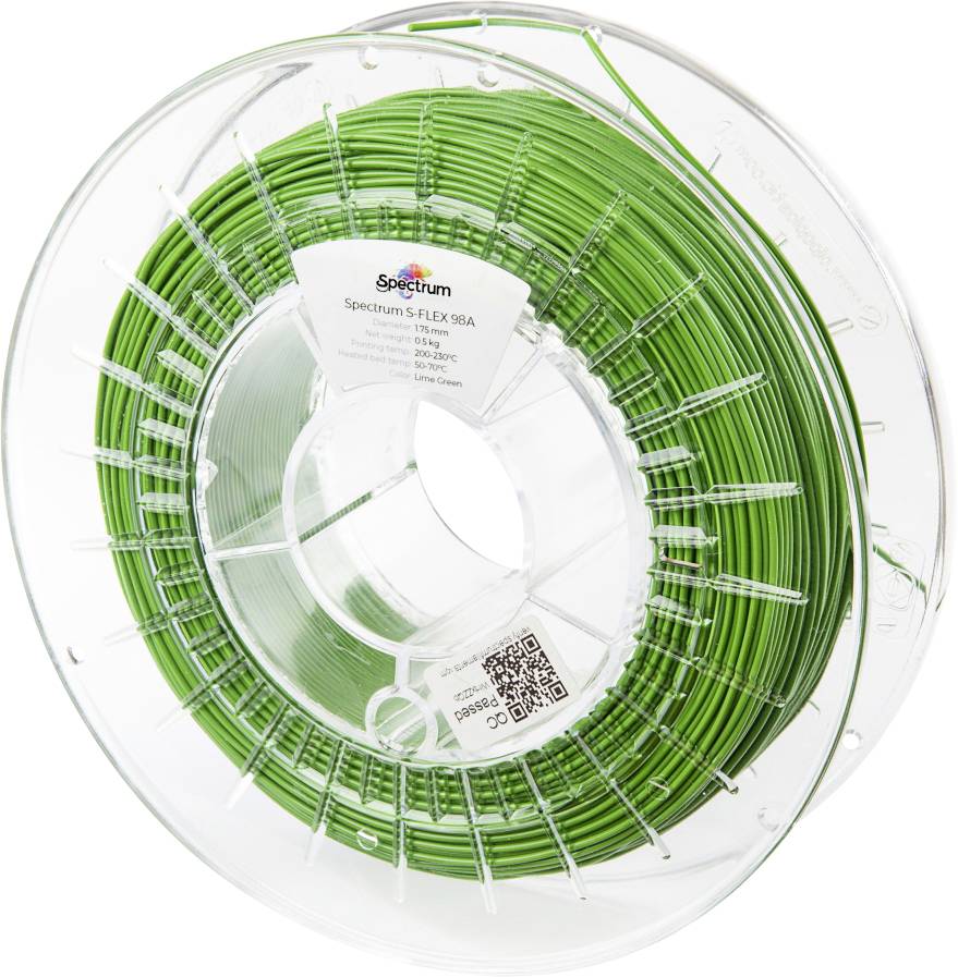 Un bobineau de filament d'imprimante 3D vert étiqueté « Spectrum S-FLEX 98A » avec un code QR et des détails de produit visibles sur l'étiquette.