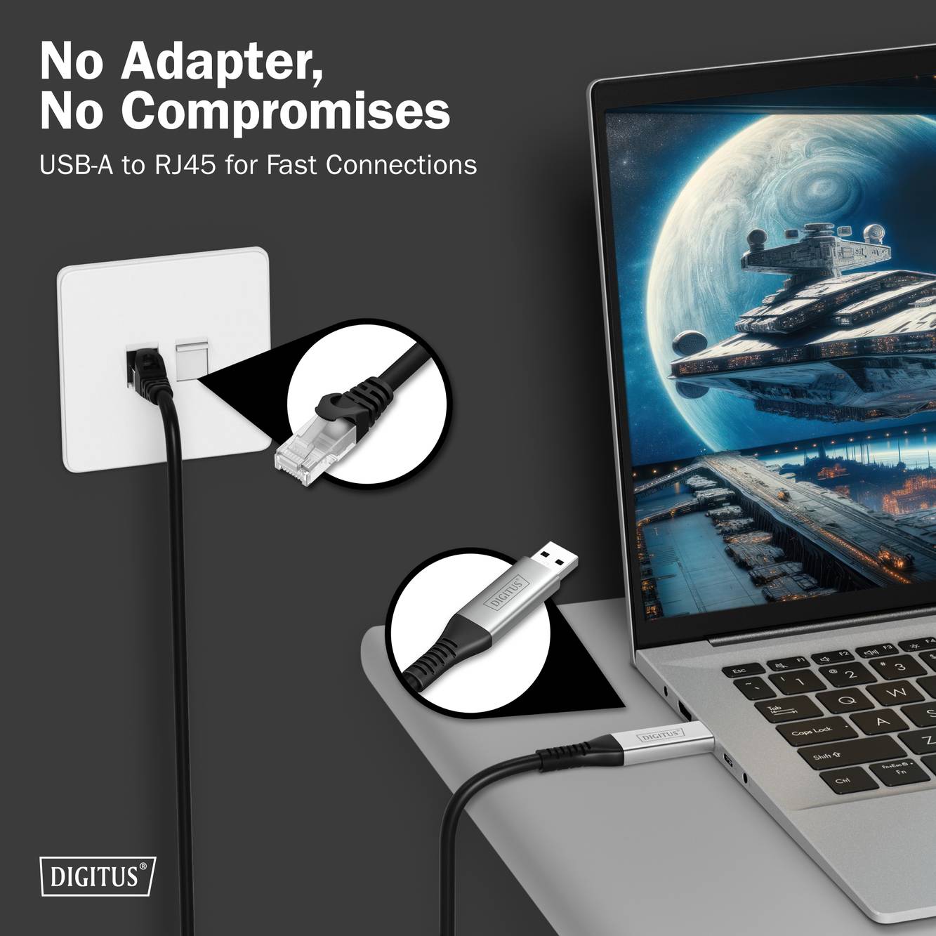 Un ordinateur portable se connecte à une prise murale via un câble USB et RJ45. Le texte indique « Pas d'adaptateur, aucun compromis. USB-A vers RJ45 pour des connexions rapides. »