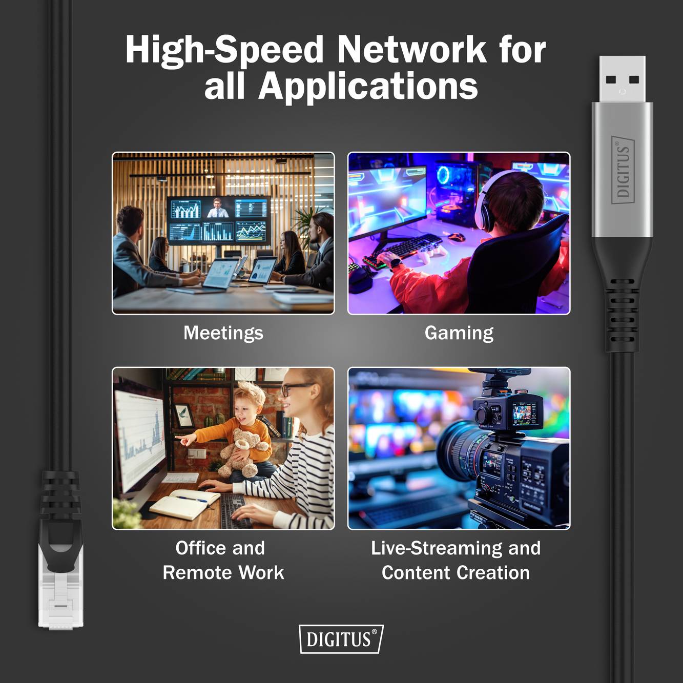 Câble Réseau Haut Débit pour Toutes les Applications<br><br>[quatre images montrant respectivement :<br>- des réunions<br>- du gaming<br>- du travail de bureau<br>- la création de contenu]