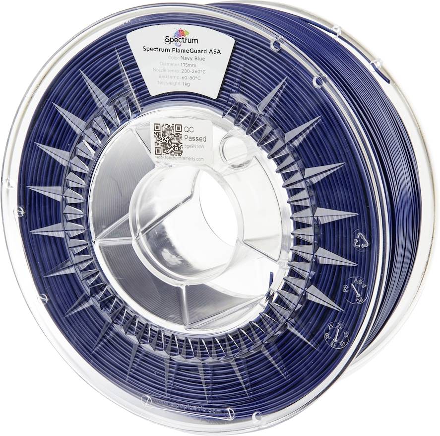 Bobine de filament d'impression 3D bleu marine étiquetée « Spectrum Flame Guard ASA ».