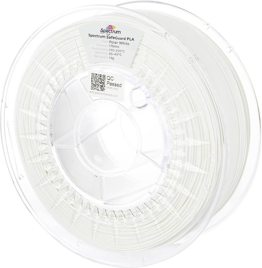 Un bobineau en plastique transparent contenant du filament d'impression 3D blanc cassé, étiqueté 'Spectrum Safeguard PLA Polar White'. Comprend les spécifications de température et d'impression.