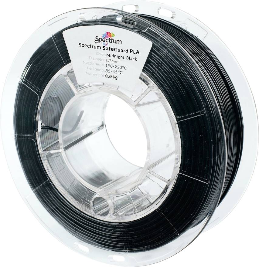 Une bobine de filament PLA Spectrum SafeGuard en 'Noir Minuit', de diamètre 1,75 mm, utilisée pour l'impression 3D, pèse 0,25 kg.