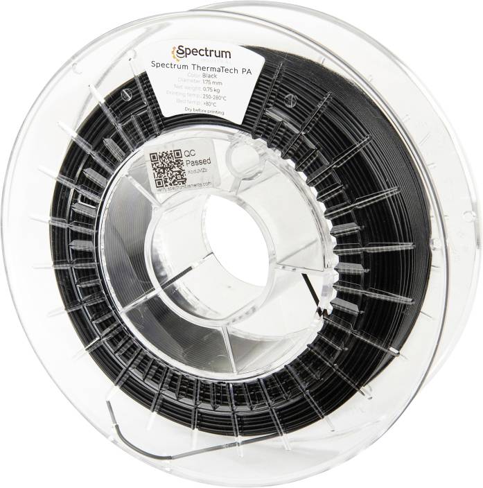 Une bobine de filament d'impression 3D noir étiquetée 'Spectrum ThermaTech PA' avec des spécifications et un code QR sur la bobine.