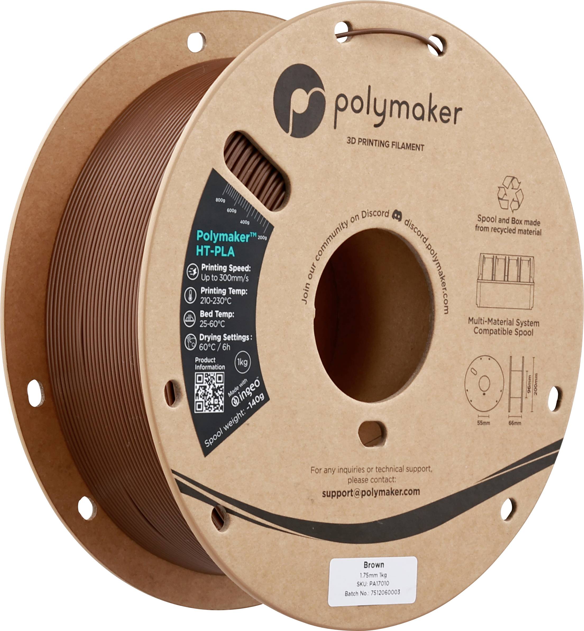 Une bobine de filament d'impression 3D Polymaker HT-PLA de couleur marron. La bobine en carton comporte des détails imprimés sur le type de filament et les paramètres.