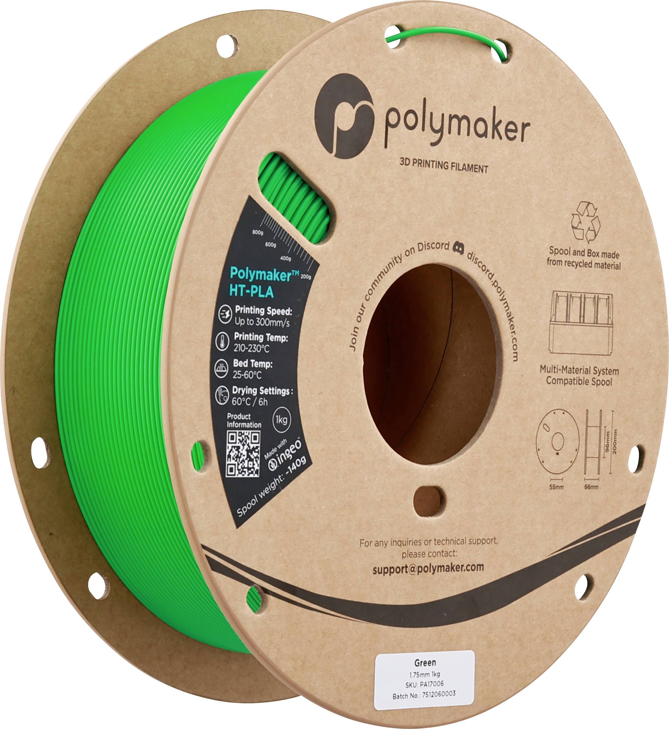 Bobine de filament d'imprimante 3D écologique de marque « Polymaker », HT-PLA, diamètre 1,75 mm. La surface présente des symboles de support et de recyclage sur l'étiquette.