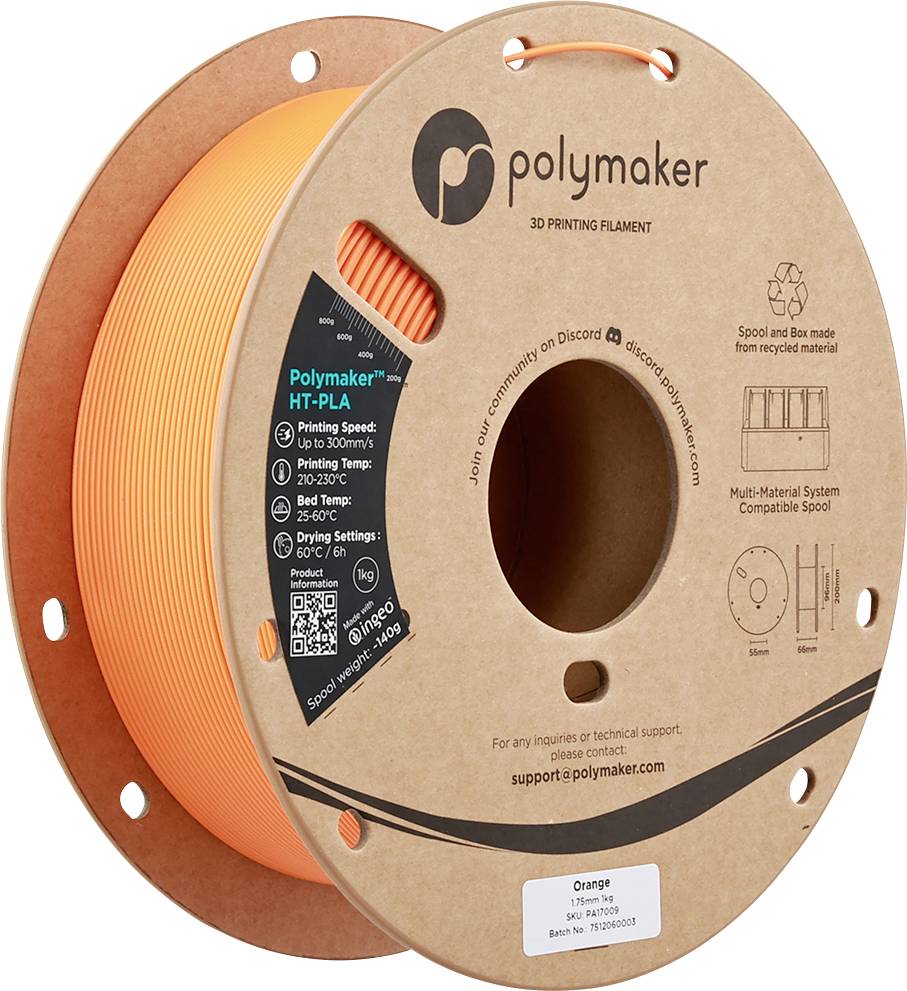 Bobine de filament d'impression 3D étiquetée « Polymaker HT-PLA » en orange. Comprend les paramètres d'impression et les coordonnées du fabricant sur l'étiquette.