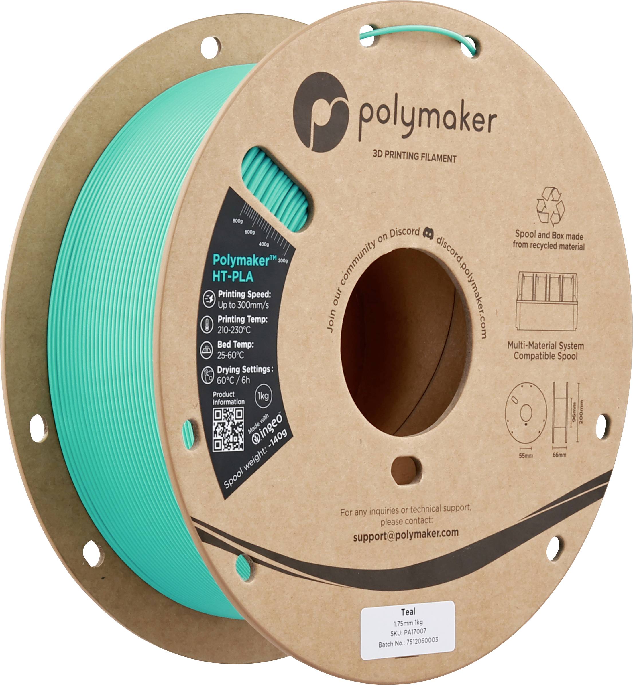 Une bobine de filament d'imprimante 3D bleu-vert étiqueté « Polymaker HT-PLA », indiquant la vitesse d'impression, les paramètres de stockage et de séchage. Comprend les coordonnées des réseaux sociaux.