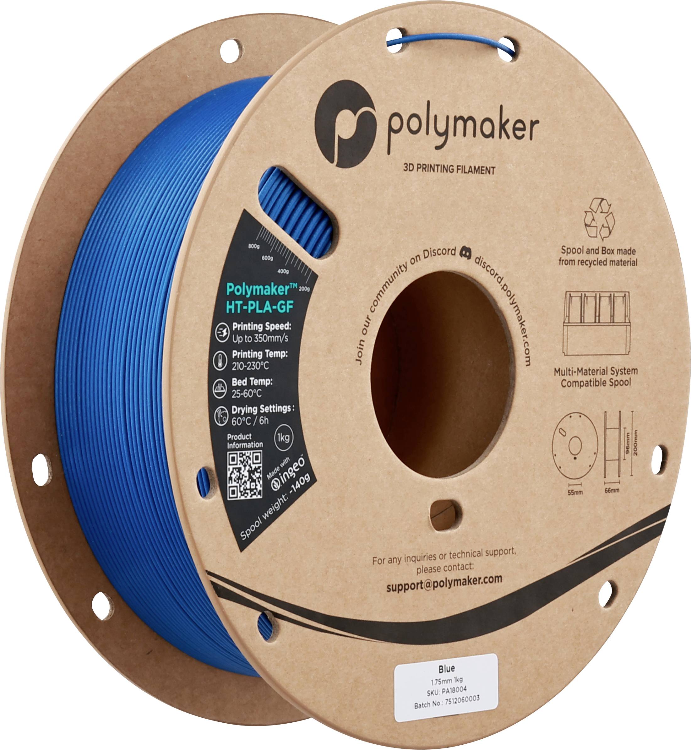 Une bobine de filament d'impression 3D bleu Polymaker, étiqueté H-T-PLA-GF. Les spécifications clés incluent une vitesse d'impression de 30-90 mm/s et une température de buse de 210-240°C.