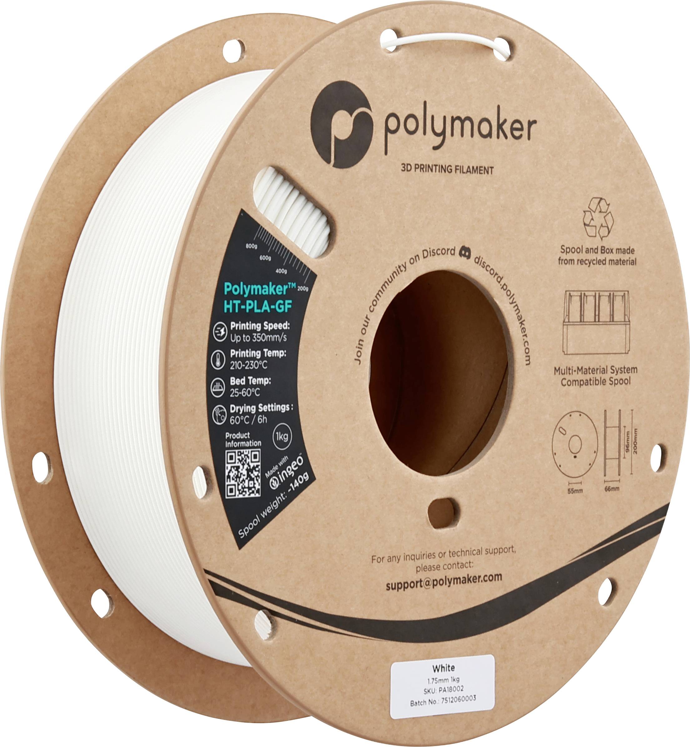 Une bobine de filament d'impression 3D blanc, portant l'étiquette « Polymaker HT-PLA GF », affichant les spécifications, le logo de l'entreprise et les coordonnées de contact sur l'étiquette.