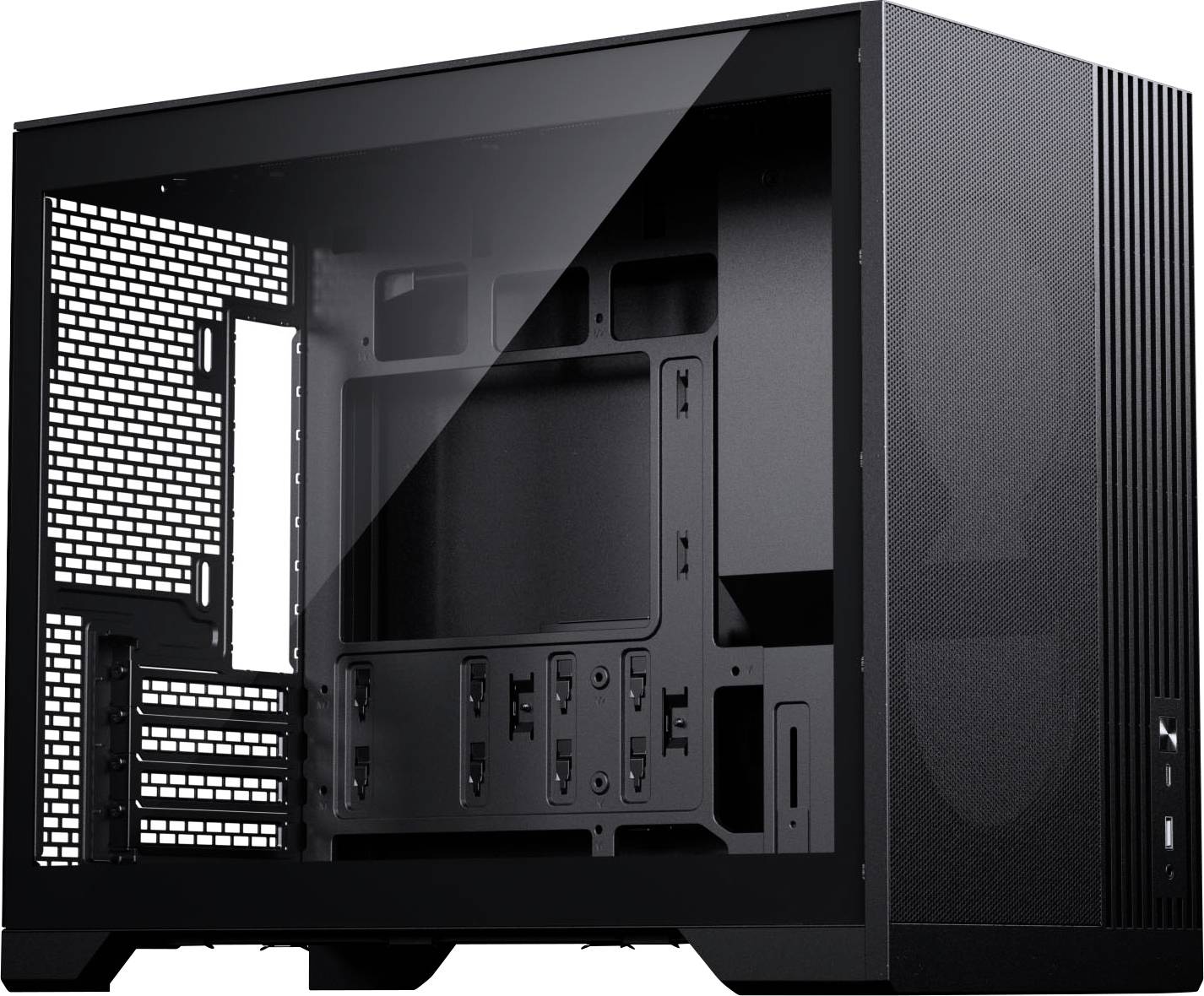 Un boîtier d'ordinateur noir avec un panneau latéral transparent, montrant plusieurs baies de lecteurs et des emplacements d'extension, adapté à un montage de PC personnalisé.