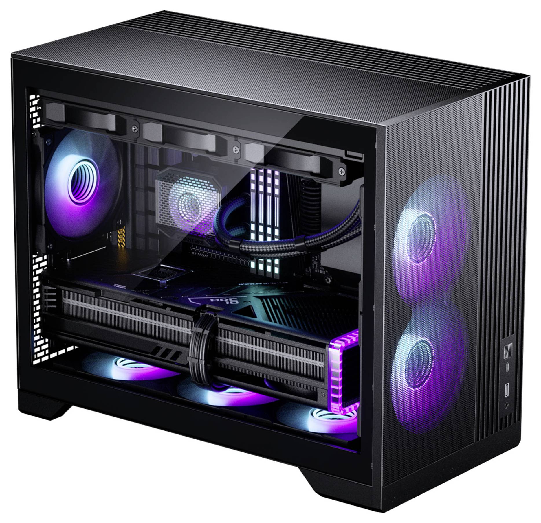 Un tour d'ordinateur de bureau noir avec un panneau latéral transparent révèle des ventilators internes colorés qui diffusent une lumière violette et bleue, mettant en valeur des composants modernes.