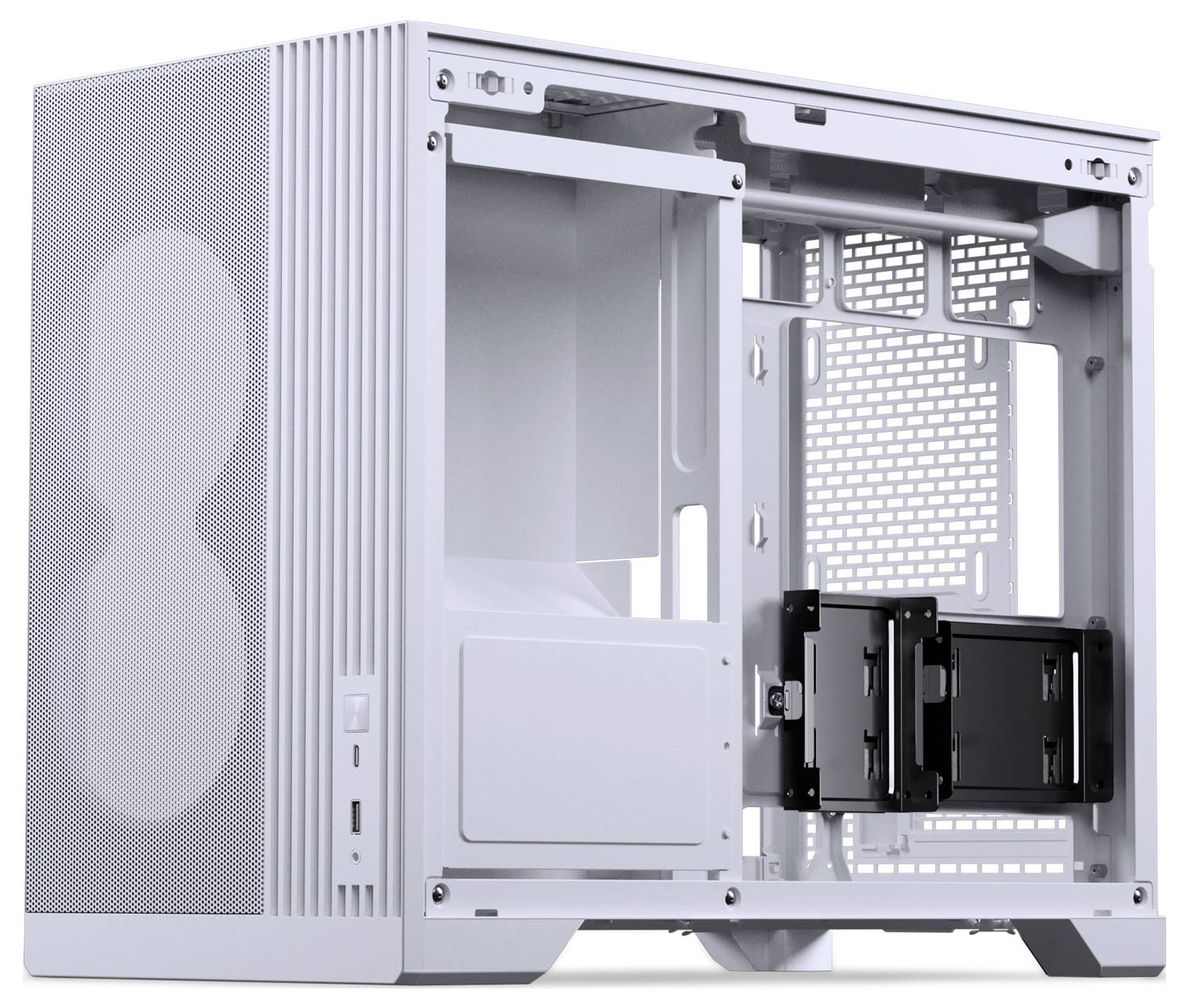 Boîtier d'ordinateur blanc avec un panneau avant en maille et un côté ouvert montrant les supports de montage internes et les emplacements pour les composants.
