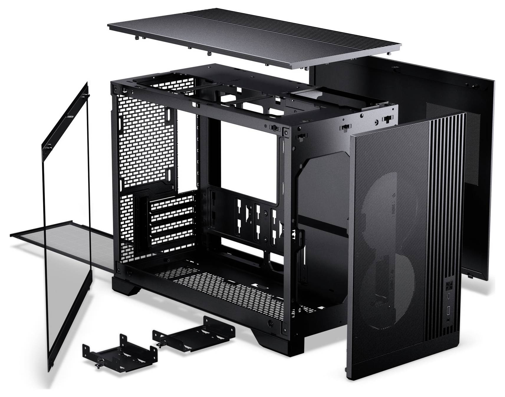 Un boîtier d'ordinateur noir démonté est présenté, montrant ses différents panneaux et sa structure interne, adapté à la construction d'un PC en DIY.