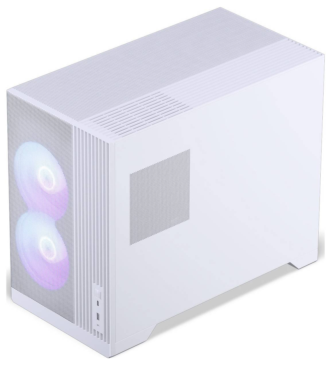 Un boîtier d'ordinateur blanc au design minimaliste présente deux ventilateur en façade qui diffusent une lumière douce mauve et bleue.