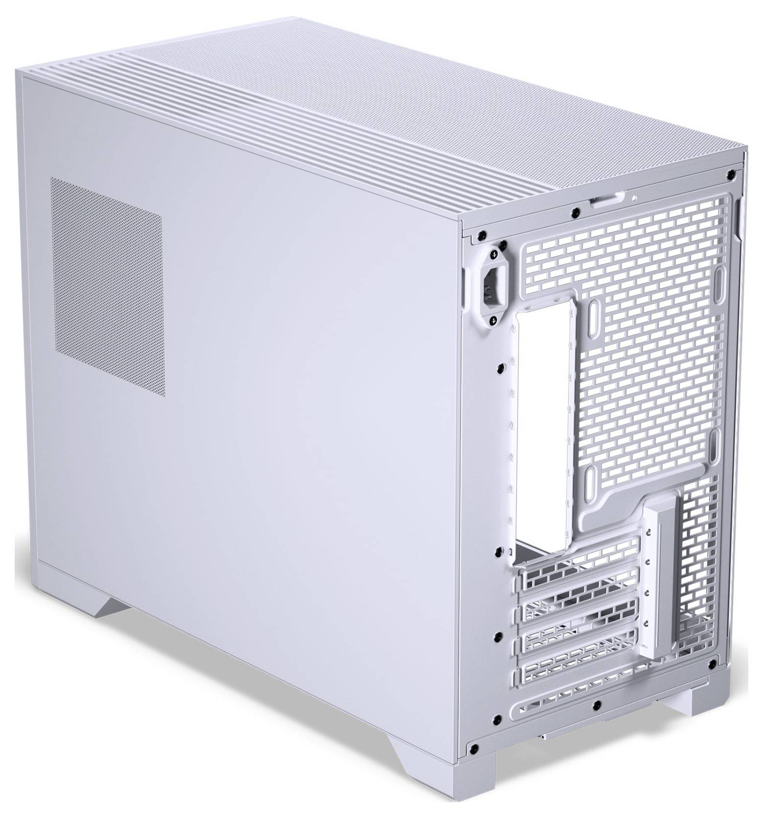 Une vue arrière d'un boîtier d'ordinateur blanc montrant des grilles de ventilation, des emplacements d'extension et des ports pour les composants.