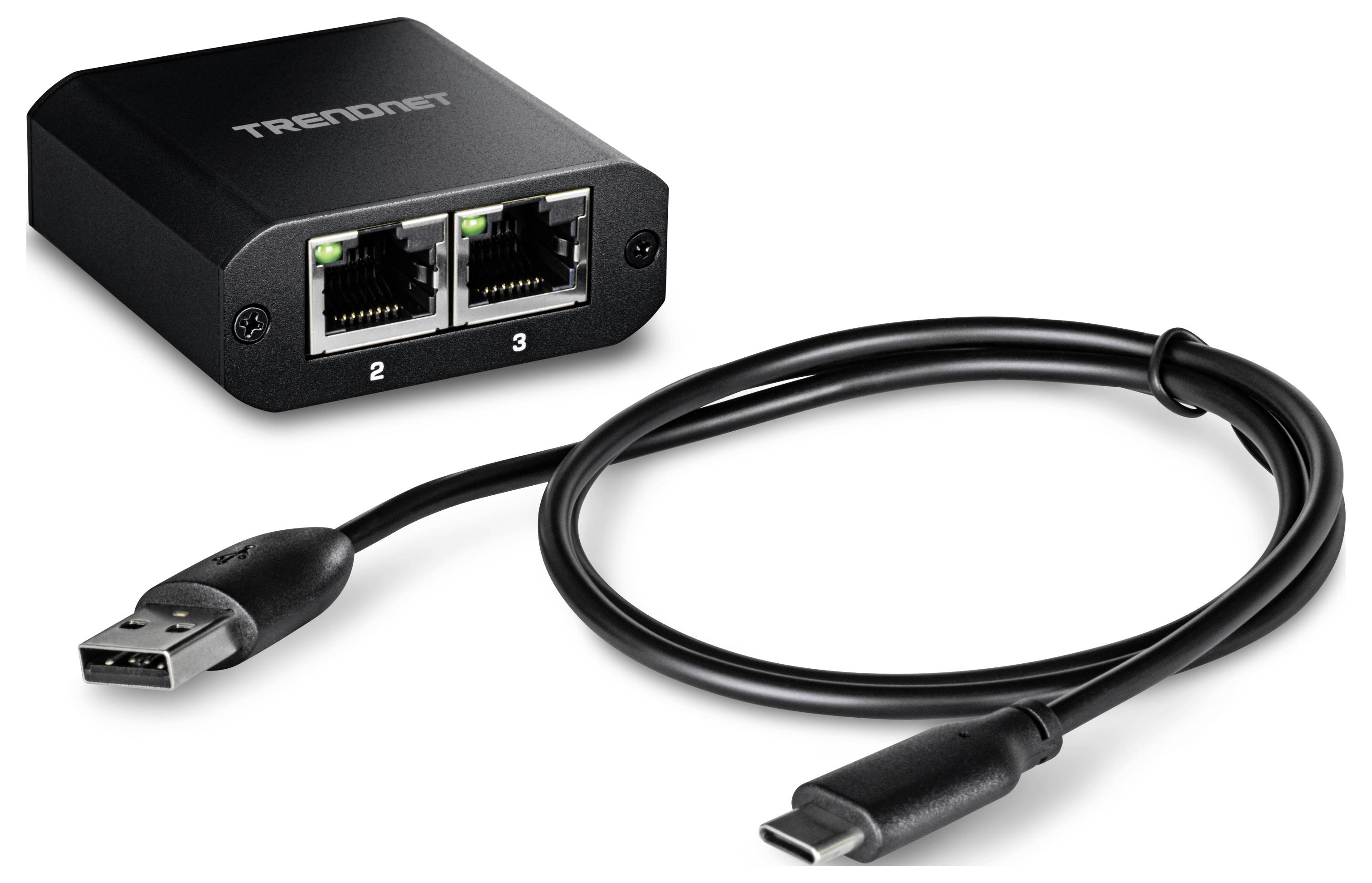 Un adaptateur TRENDnet USB-C vers Ethernet noir avec deux ports Ethernet, accompagné d'un câble USB-C.