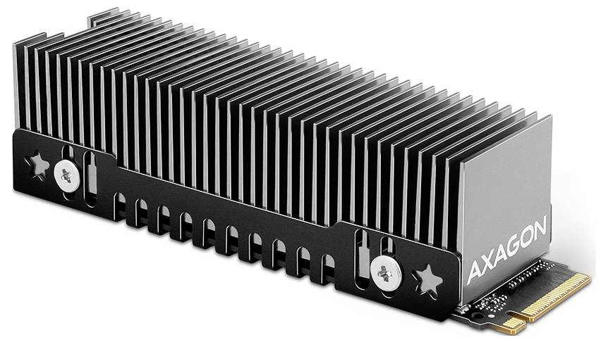 « Un dissipateur thermique noir étiqueté AXAGON, conçu pour refroidir des composants matériels, avec une structure métallique et un connecteur PCIe à une extrémité. »