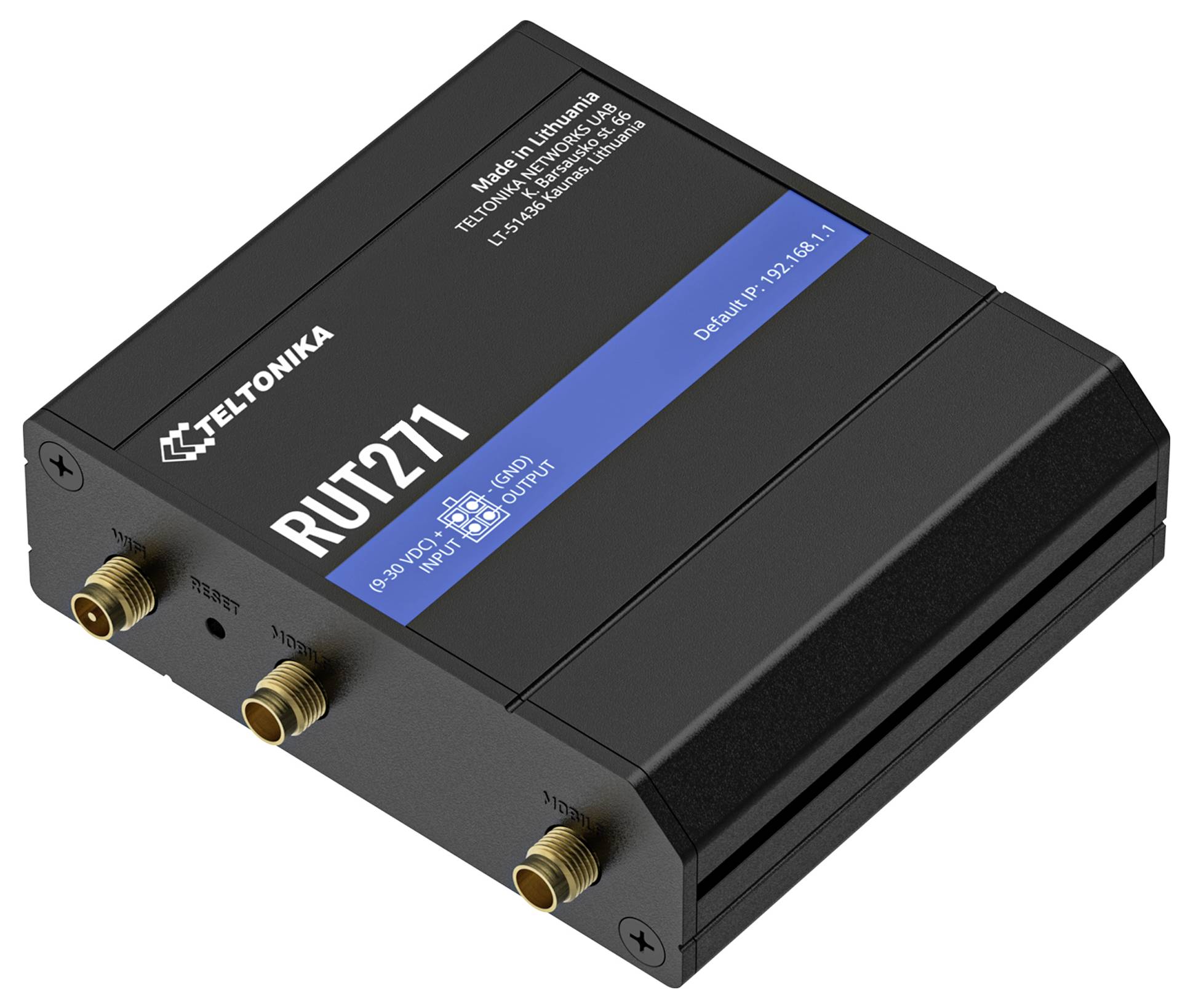 Routeur 'Teltonika RUT211' avec trois connecteurs dorés et un châssis noir, doté de ports SIM et WAN. Détails du modèle imprimés sur le dessus.