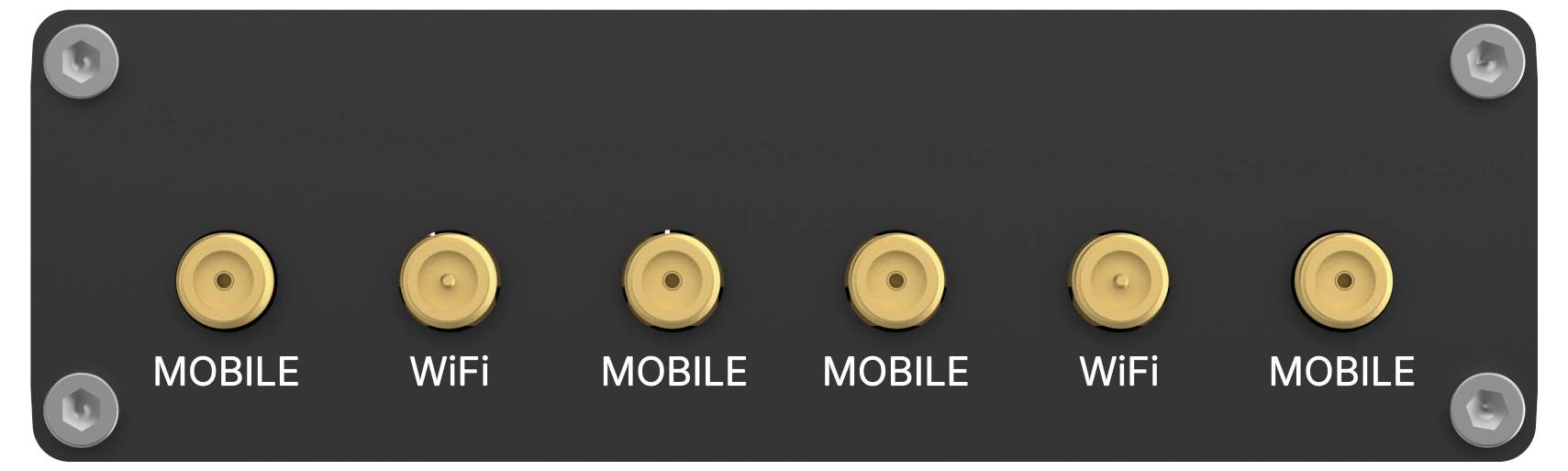 «Un panneau noir avec six connecteurs coaxiaux étiquetés : MOBILE, WiFi, MOBILE, MOBILE, WiFi, MOBILE.»