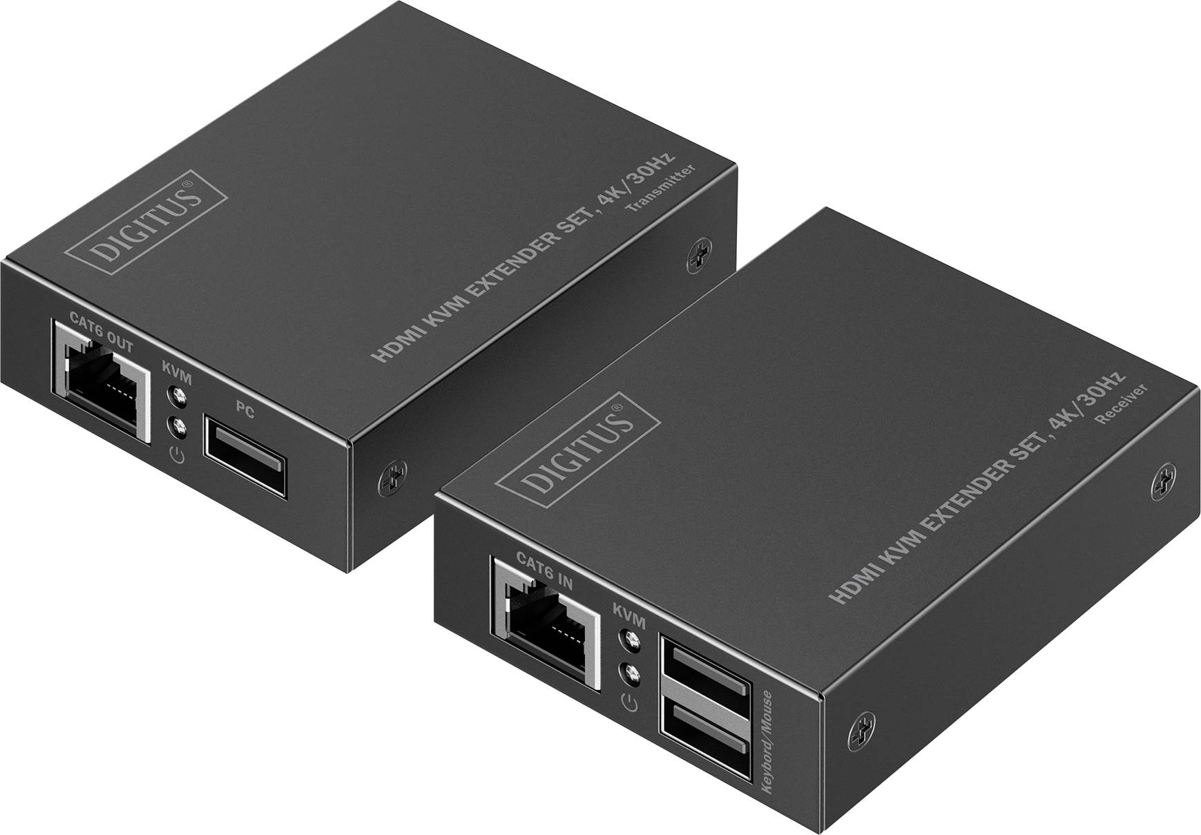 Deux extendeurs numériques noirs étiquetés « DIGITUS HDMI KVM EXTENDER SET, 4K/30Hz », chacun avec des ports pour « CAT6 IN », « KVM » et une connexion USB.