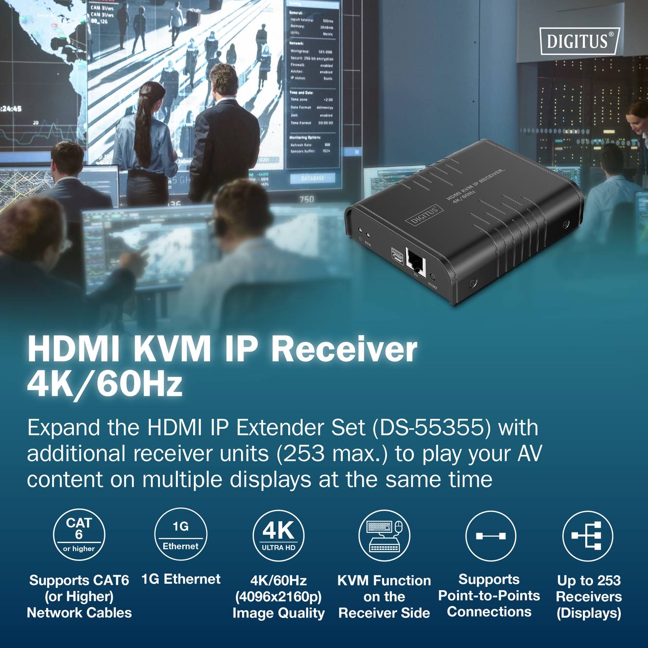 Image d'un récepteur KVM/HDMI sur IP 4K/60Hz avec le texte « Étendez l'ensemble d'extendeurs HDMI (DS-5535) avec des unités de réception supplémentaires », présentant des fonctionnalités telles que CAT 6, Ethernet 1G et 4K UHD.