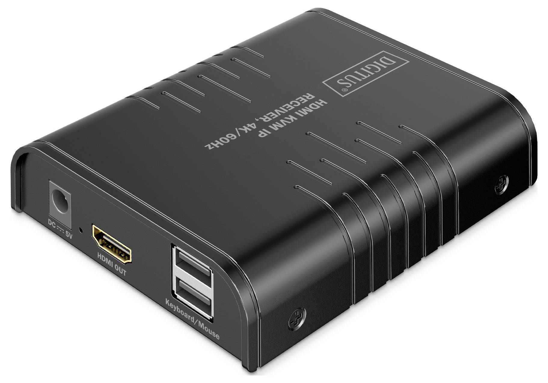 Un appareil récepteur numérique noir avec ports HDMI et USB, étiqueté « DIGITUS ». Adapté pour la connexion multimédia et le transfert de données.