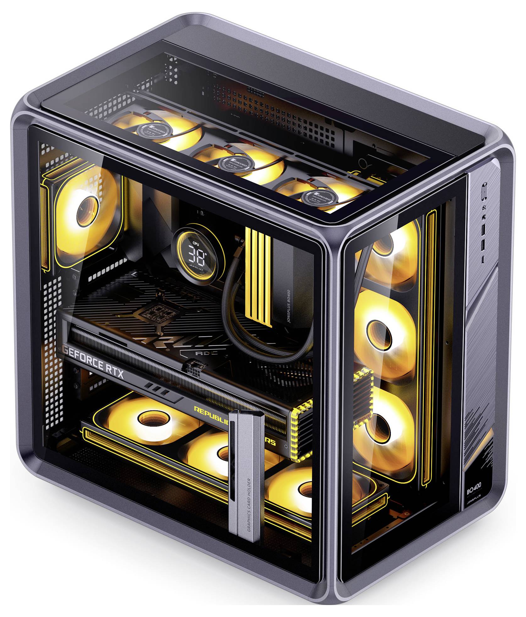 Un boîtier d'ordinateur transparent révèle une configuration de jeu haute performance avec des ventileurs de refroidissement jaune vif, une carte graphique visible et des LED.