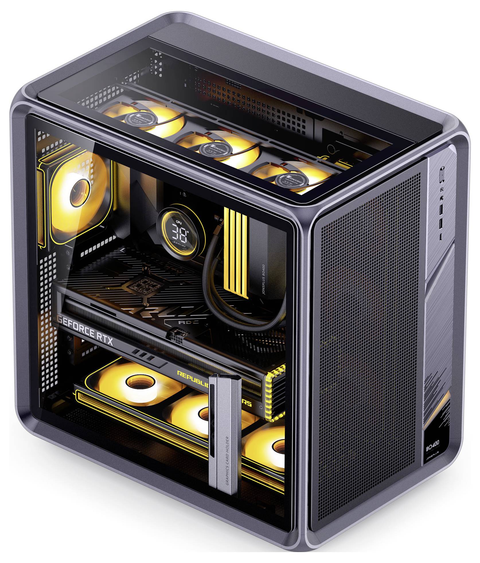 Un boîtier d'ordinateur transparent qui expose ses composants internes, comprenant une carte graphique éclairée portant l'étiquette « GeForce RTX » et des ventiladores de refroidissement.