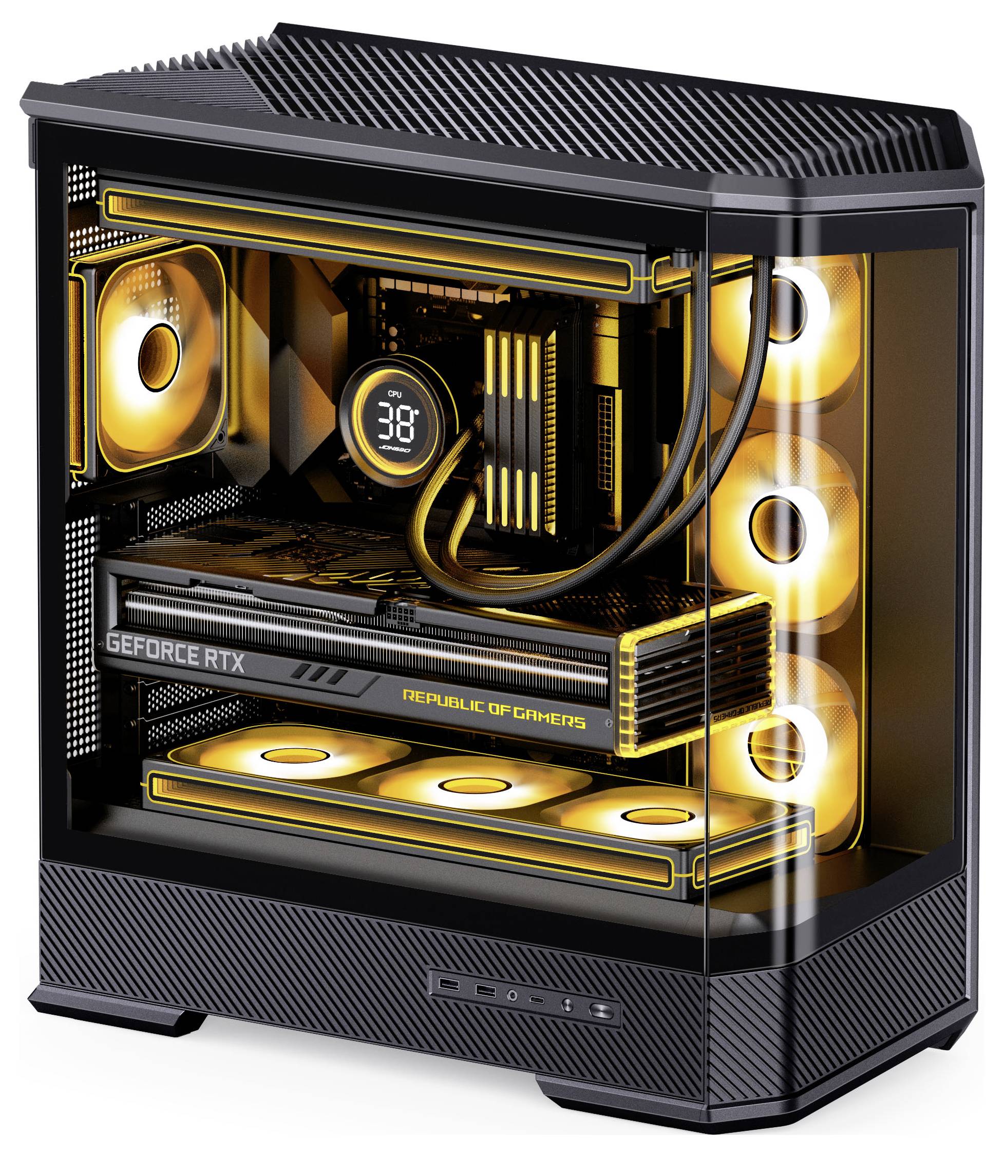 Une tour d'ordinateur de jeu avec un côté transparent, montrant les composants internes avec un éclairage LED orange, incluant un processeur graphique (GPÙ) étiqueté 'GeForce RTX'.