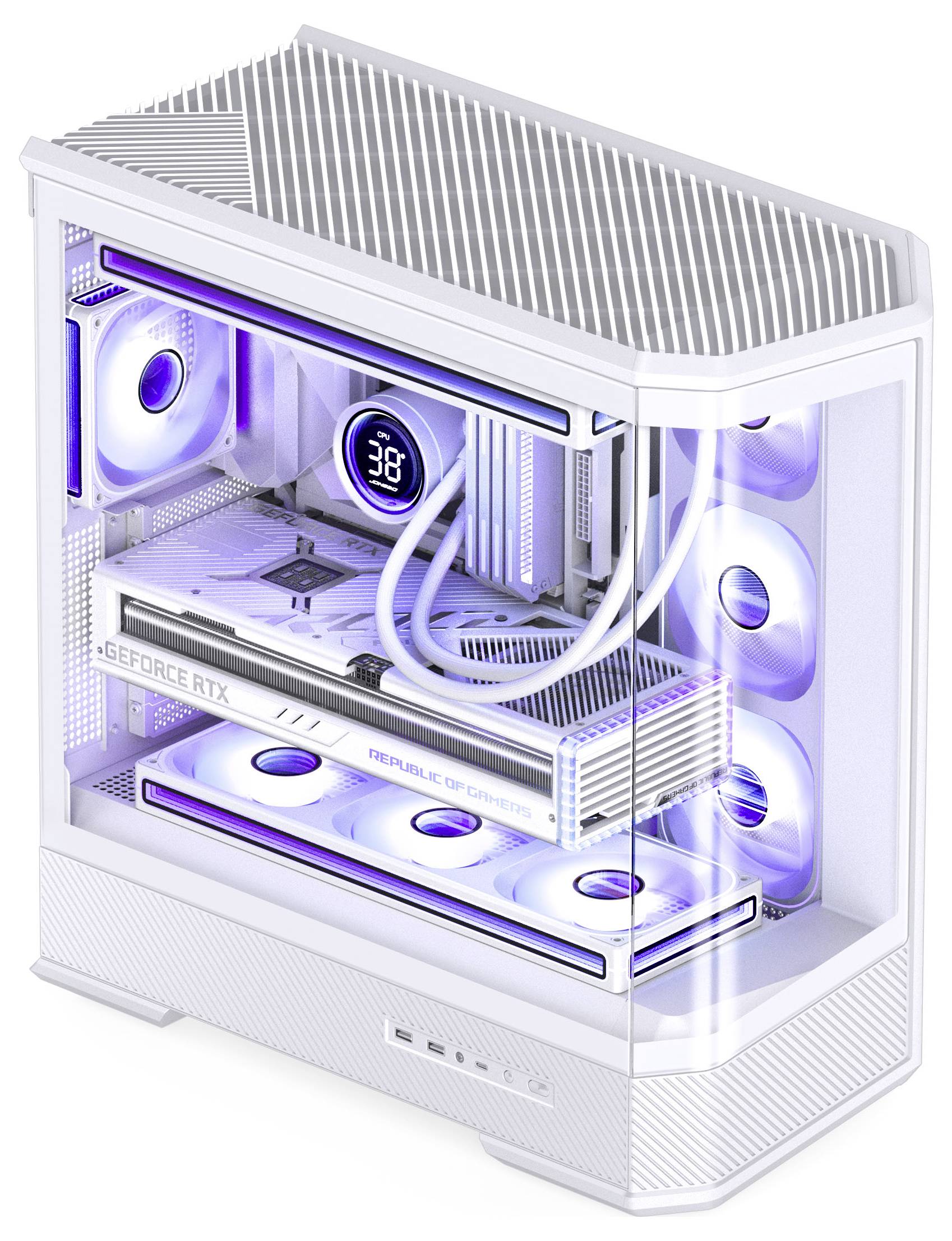 Un boîtier de PC gamer blanc avec un éclairage RVB met en valeur une carte graphique puissante, un système de refroidissement liquide et plusieurs ventileurs pour des performances améliorées.