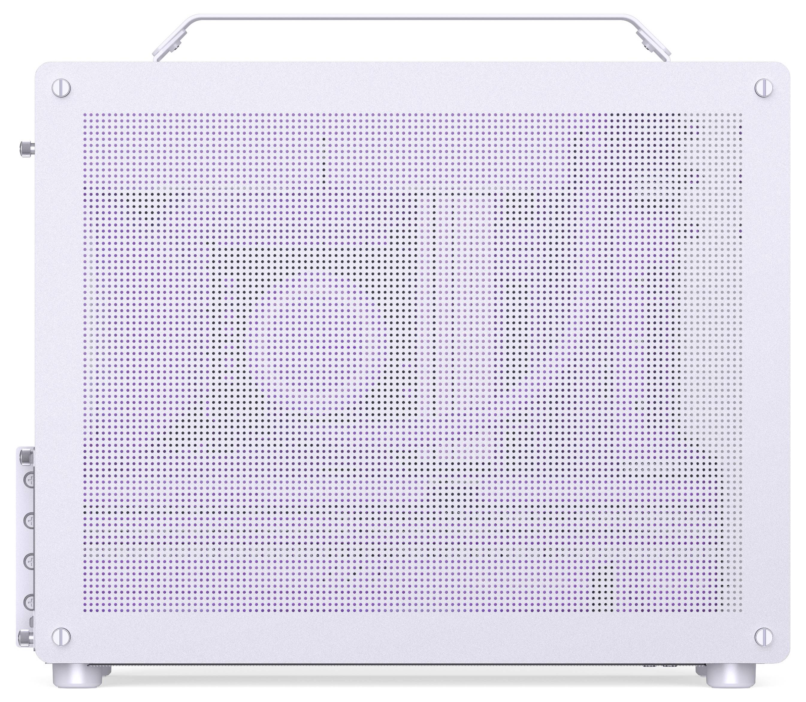 Un haut-parleur portable blanc avec une grille métallique perforée, une poignée sur le dessus et des boutons de contrôle sur le côté, conçu pour la lecture audio.