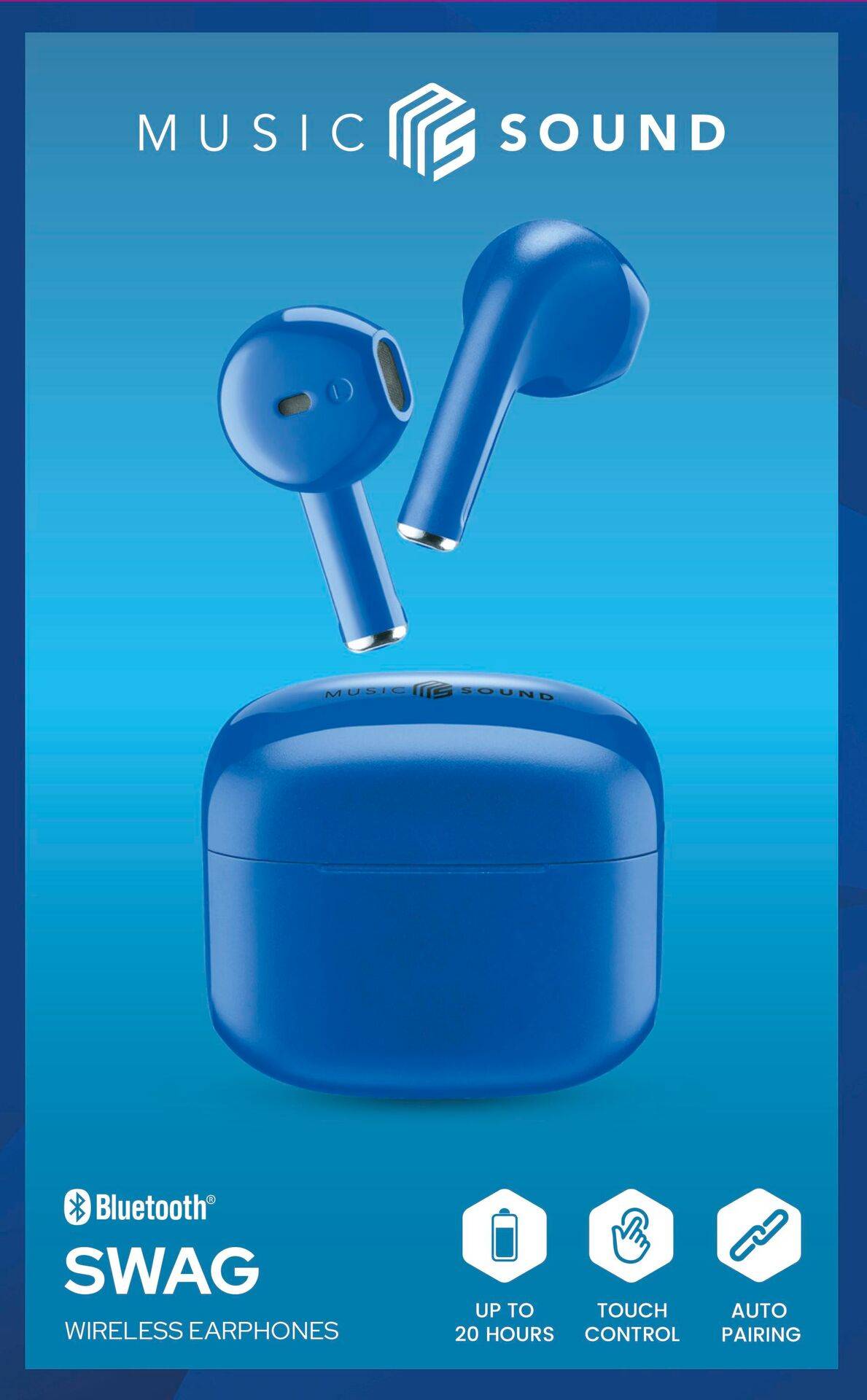 Écouteurs sans fil bleus 'Music Sound' et boîtier de charge. Caractéristiques : Bluetooth, jusqu'à 20 heures d'autonomie, contrôle tactile, appairage automatique.