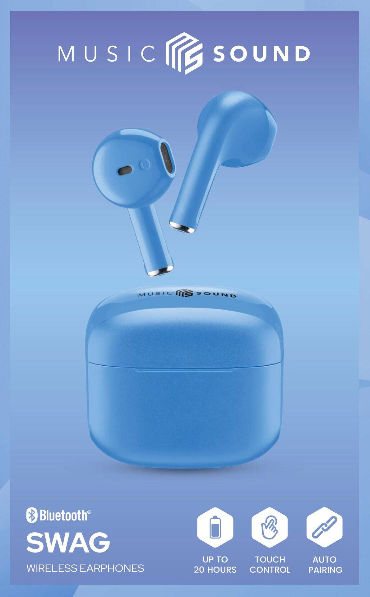 Écouteurs sans fil bleus avec un boîtier de chargement portant l'inscription « MUSIC SOUND ». Caractéristiques comprenant jusqu'à 20 heures d'autonomie, contrôle tactile et appairage automatique.