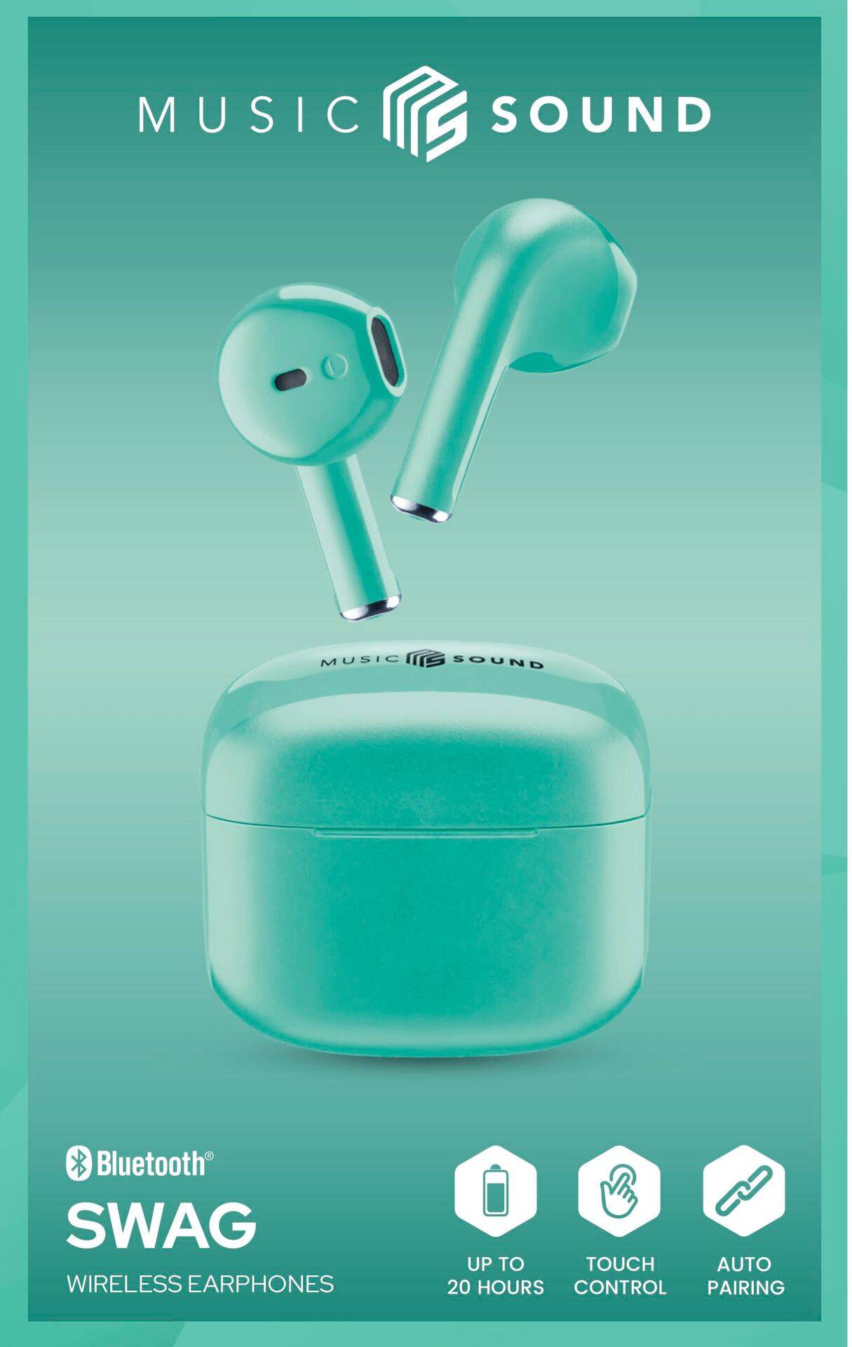 Écouteurs sans fil Bluetooth 'Music Sound' en bleu. Caractéristiques : jusqu'à 20 heures d'autonomie, contrôle tactile, appairage automatique.