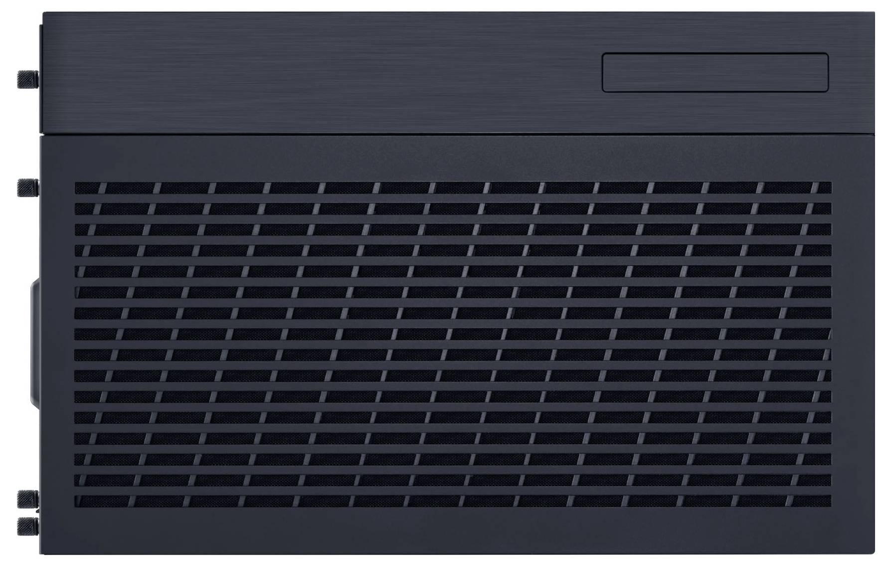 Une grille de ventilation noire avec des lamelles horizontales et un panneau rectangulaire en haut à gauche, probablement une partie d'un appareil ou d'une machine.