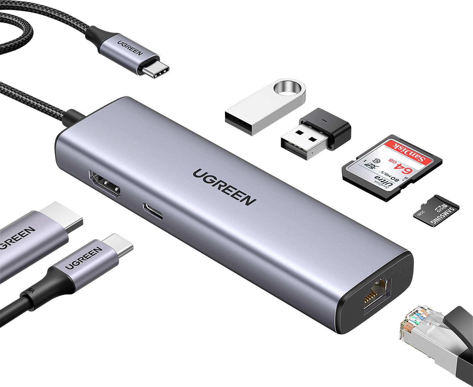 Hub USB-C UGREEN avec plusieurs ports comprenant HDMI, ethernet et lecteurs de cartes, entouré de différents connecteurs et cartes mémoire.