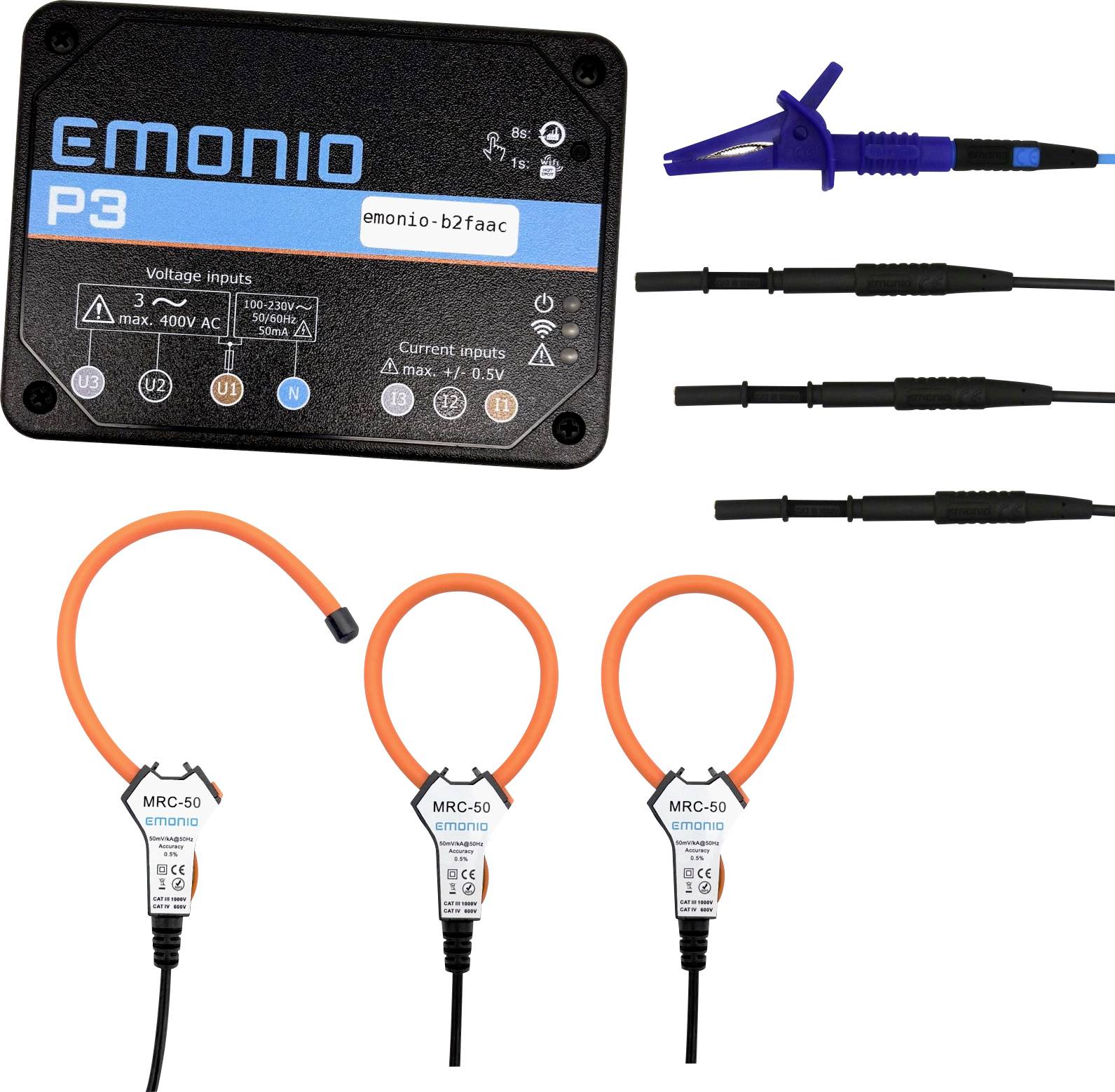 Configuration d'un dispositif électrique avec l'unité 'EMONIO P3', entrées de tension et de courant représentées, trois capteurs MRC-50 avec boucles orange et câbles de connexion.