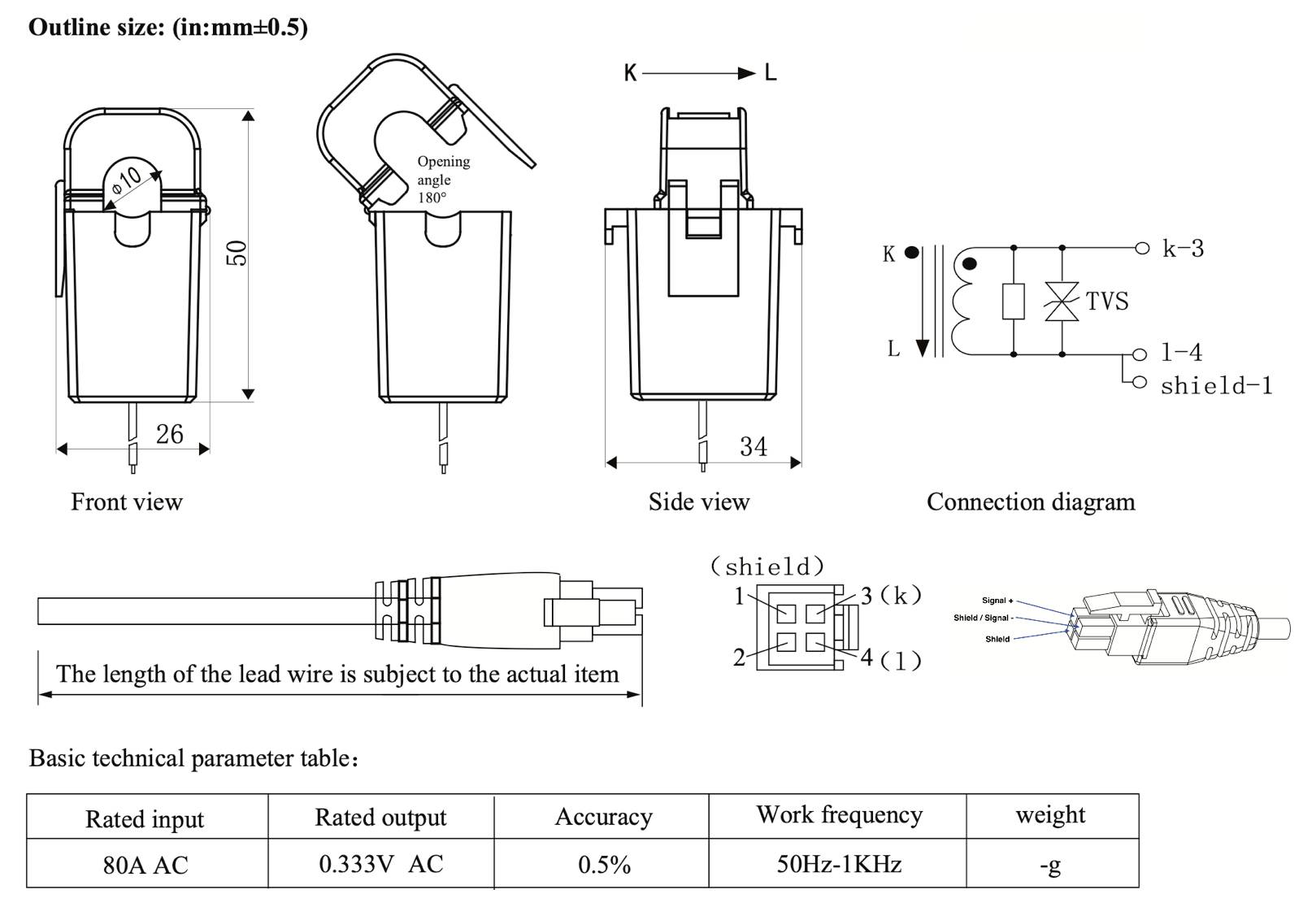 Schéma technique de composant mécanique présentant les vues de face et de profil, schéma de connexion et tableau des paramètres techniques de base : entrée nominale 80A AC, sortie nominale 0,333V AC, précision 0,5%, fréquence 50Hz-1kHz.