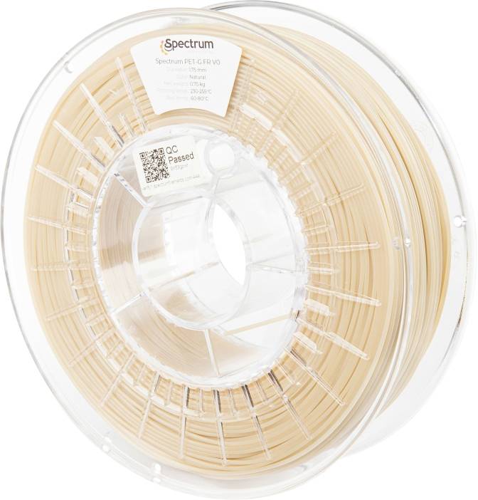 Une bobine de filament d'impression 3D beige étiquetée 'Spectrum PLA CF15 VO', indiquant le type de matériau et la marque, avec un autocollant 'Contrôle Qualité Validé'.