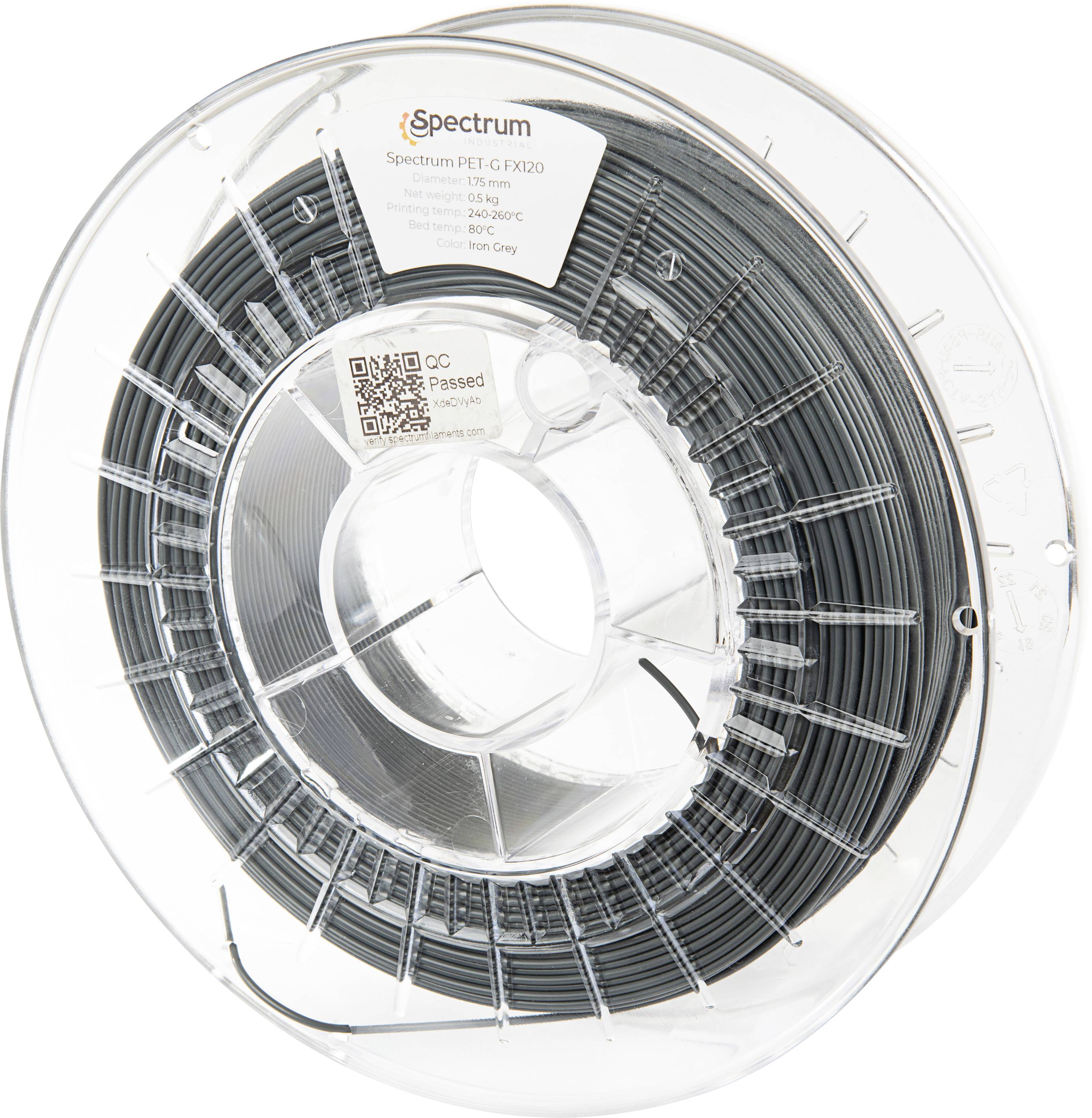Un rouleau de filament pour imprimante 3D Spectrum PET-G FX20, étiqueté 'Gris Fer', avec les paramètres de température et un code QR visibles.