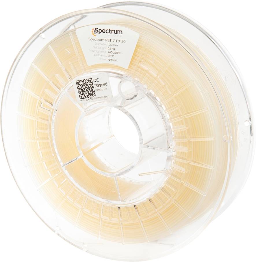 Une bobine de filament d'impression 3D translucide, de couleur pêche, étiquetée 'Spectrum PET-GFX200'. L'étiquette comprend un code QR et des recommandations de température.