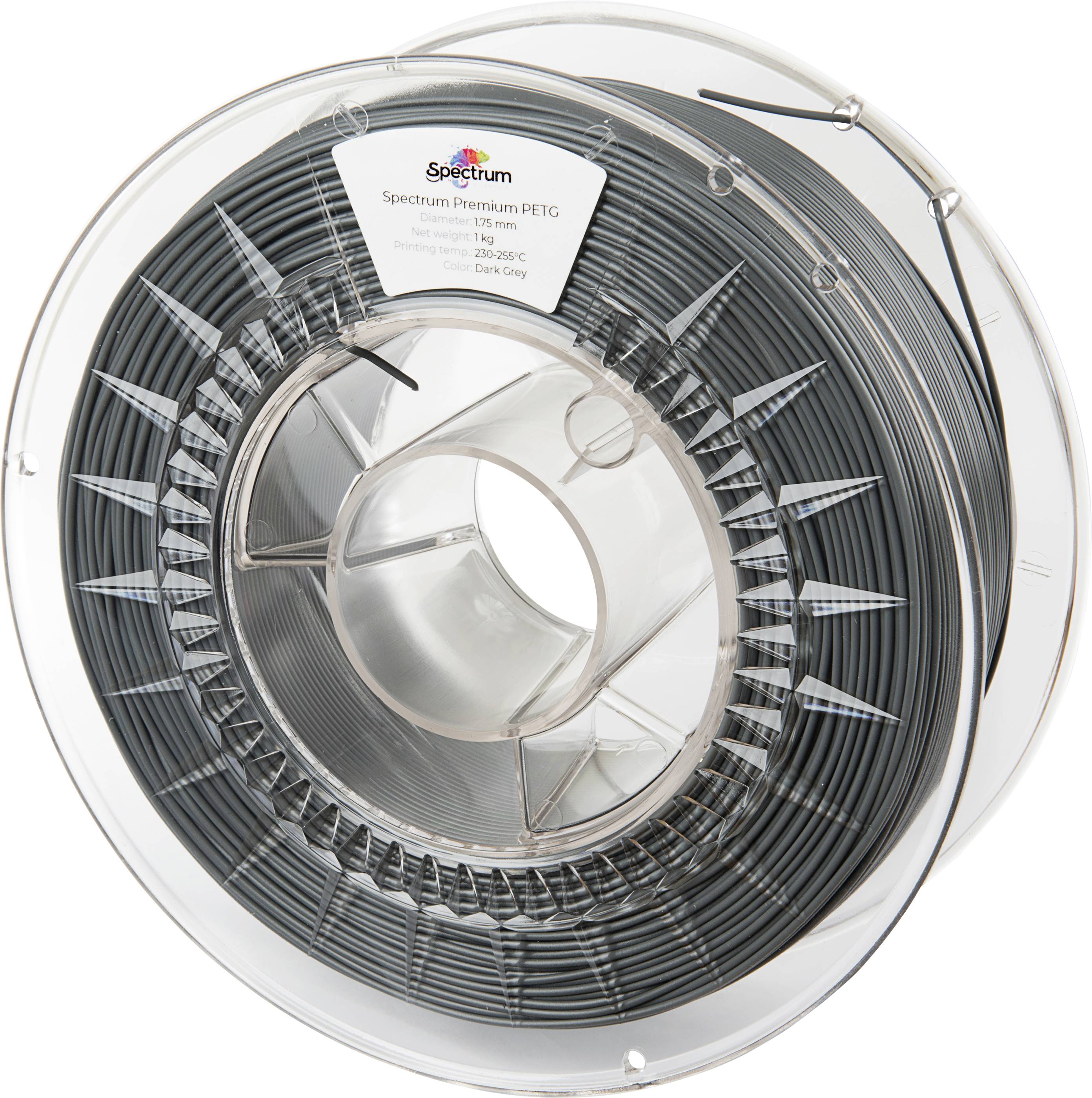 Une bobine transparente de filament d'impression 3D étiquetée 'Spectrum Premium PETG', plage de température 230°C-250°C, couleur : gris foncé.