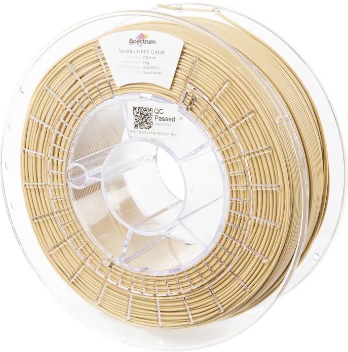 Un rouleau de filament Spectrum PET-G Mat, 1 kg, couleur jaune sable, adapté pour l'impression 3D.