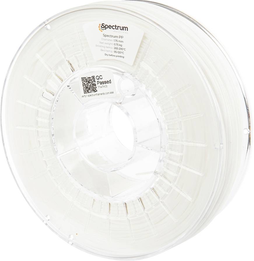 Un bobineau transparent de filament d'impression 3D étiqueté 'Spectrum PP', 1,75 mm, 1 kg, avec un code QR et un autocollant d'assurance qualité.