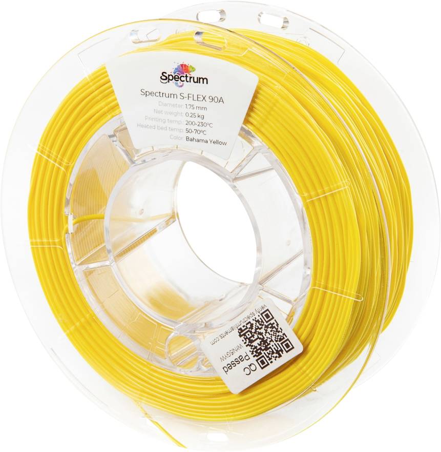 Un rouleau de filament d'impression 3D jaune vif étiqueté « Spectrum S-FLEX 90A ». Adapté aux imprimantes 3D avec une plage de température de 200-230°C.