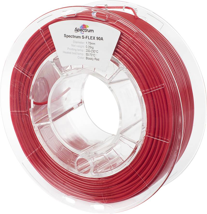 Filament d'imprimante 3D « Red Spectrum S-FLEX 90A » sur un mandrin transparent, avec étiquette affichant les spécifications, notamment le diamètre et la plage de température recommandée.