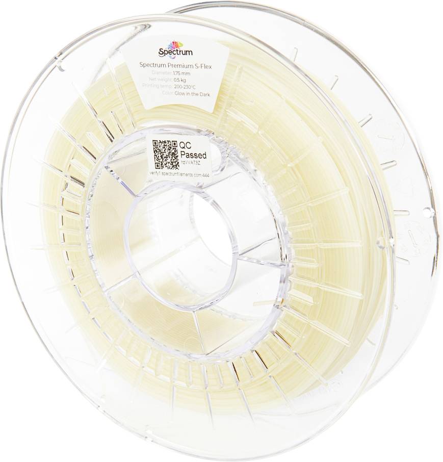 Une bobine transparente en plastique contenant du filament phosphorescent pour impression 3D, étiquetée « Spectrum Premium S-Flex 1,75 mm ».