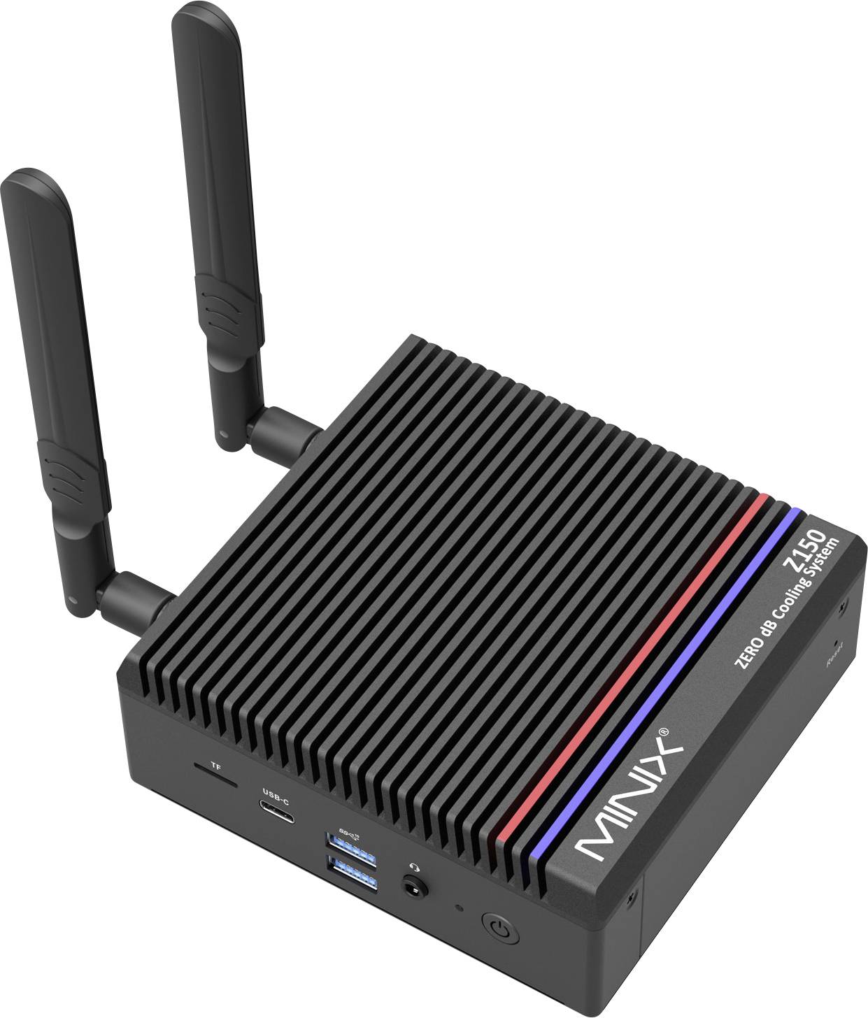 Un petit boîtier informatique noir avec deux antennes, portant l'étiquette « MINIX » sur le côté. Il dispose de plusieurs ports, dont des ports USB et HDMI.