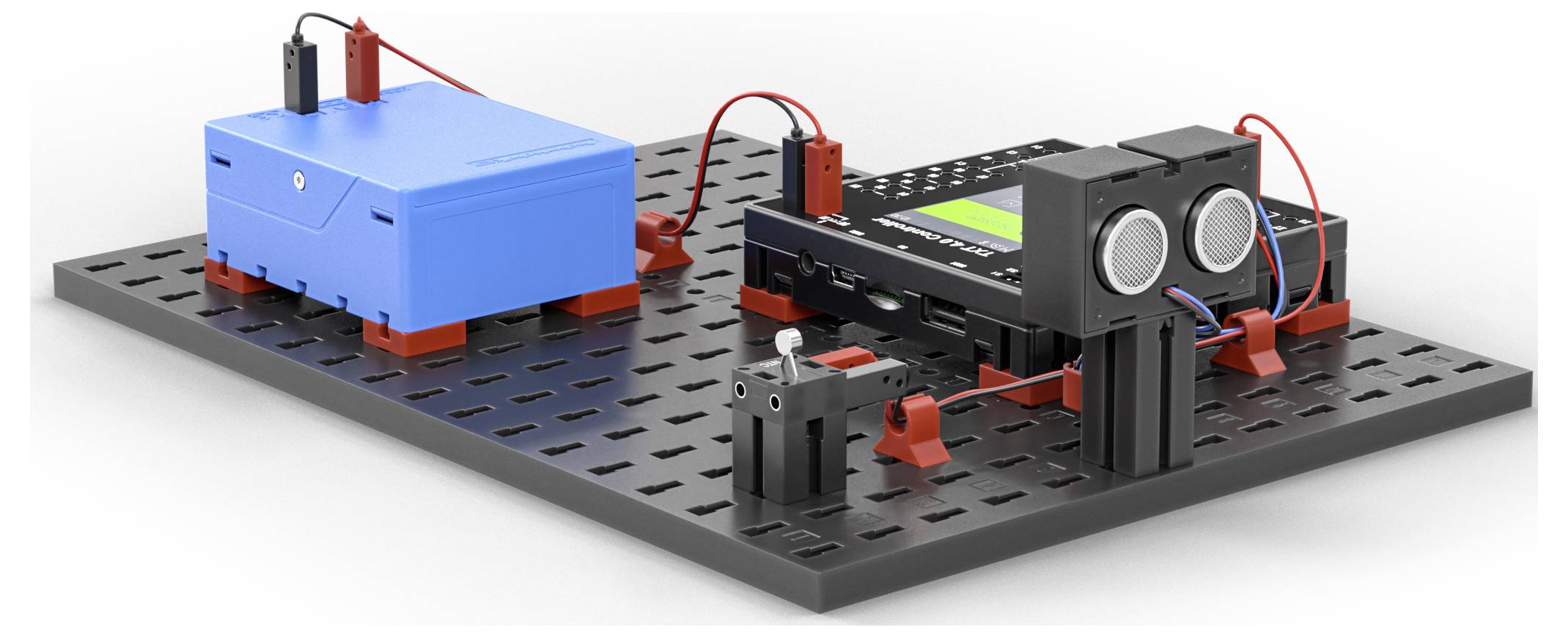 Un kit de robotique installé sur un tableau perforé noir, comprenant un pack de batteries bleu, des capteurs et du câblage, illustrant un assemblage électronique.