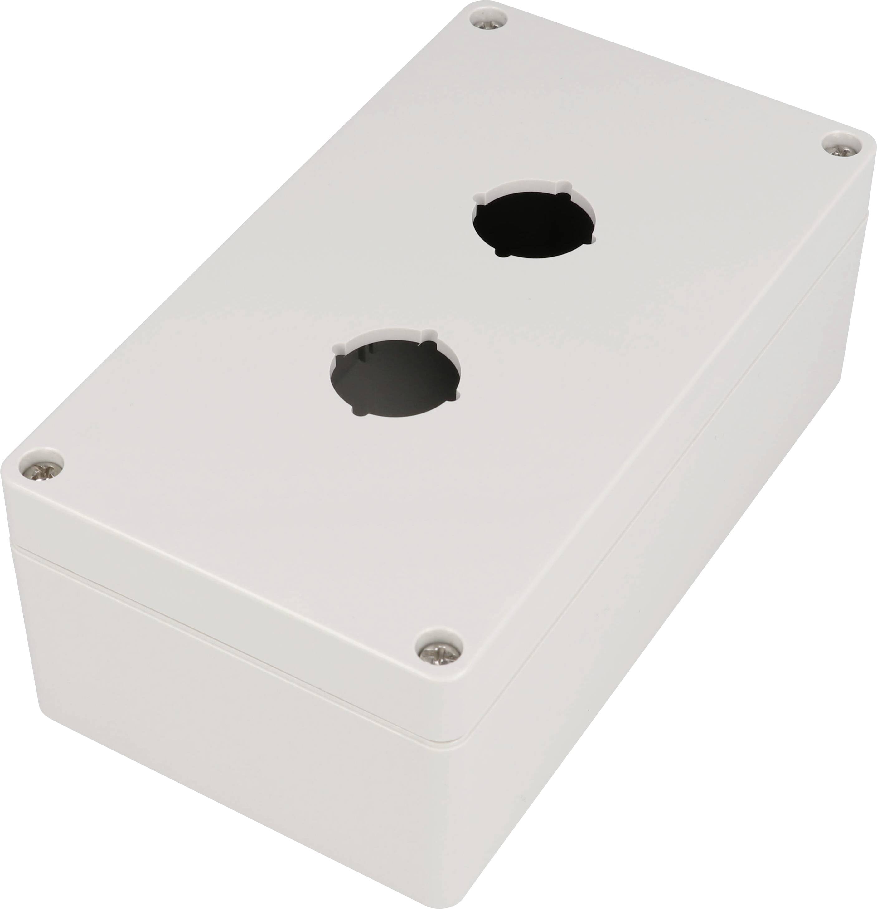 Une boîte de jonction électrique rectangulaire blanche avec deux découpes circulaires sur le dessus, fixée par des vis à chaque angle.